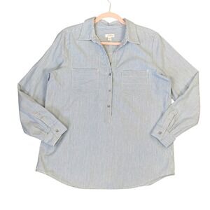 J. Jill Denim Blue White Pinstripe Cotton Henley Popover Shirt Womens Medium